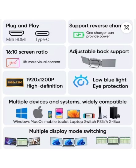14-Inch Triple Portable LCD Monitor IPS Panel 1920*1200P Tri Extender Laptop Patent Design Dual Type-c USB 3.0 Display