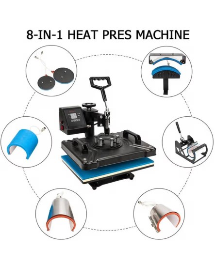 8-in-1 Heat Press Machine Digital Combo - T-Shirt, Mug, Plate, Cap, Cup, Swing Away Heat Transfer